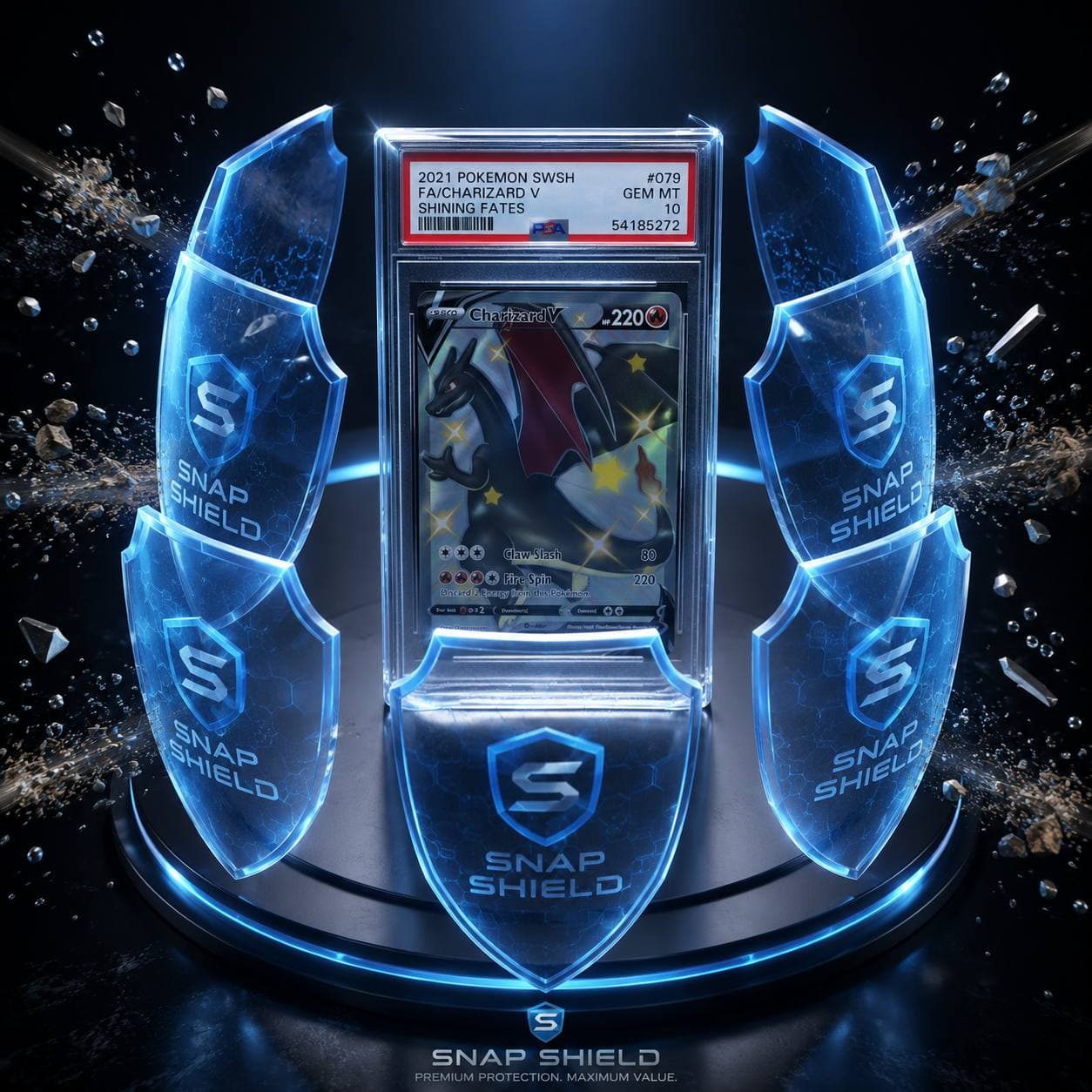 A PSA-graded Charizard in a Snap Shield case, surrounded by Snap Shield guards